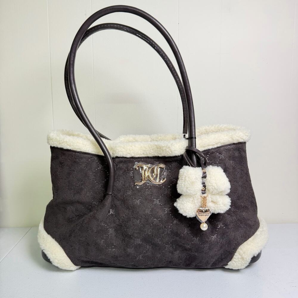 Juicy Couture Black Faux Suede Sherpa Tote Bag Gold Hardware Charm